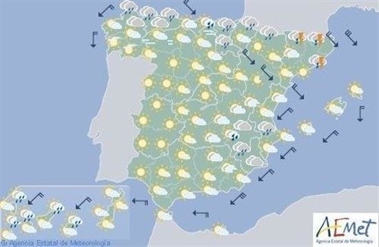 Hoy, precipitaciones en área cantábrica, noreste de Cataluña y Canarias