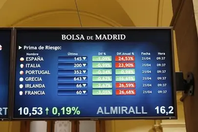 La prima de riesgo espa&ntilde;ola cae a 130 puntos tras las elecciones francesas