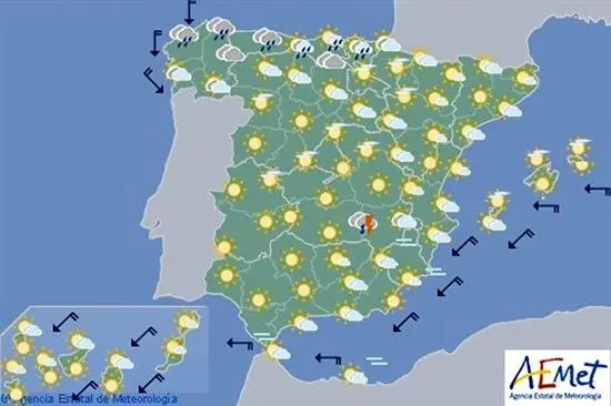 Temperaturas altas en zonas de la mitad interior sur peninsular y Mallorca